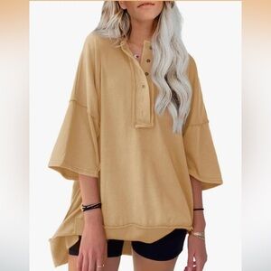 NWT Oversized Short Sleeve Henley Neck Pullover Tunic Tops in Apricot X-Large